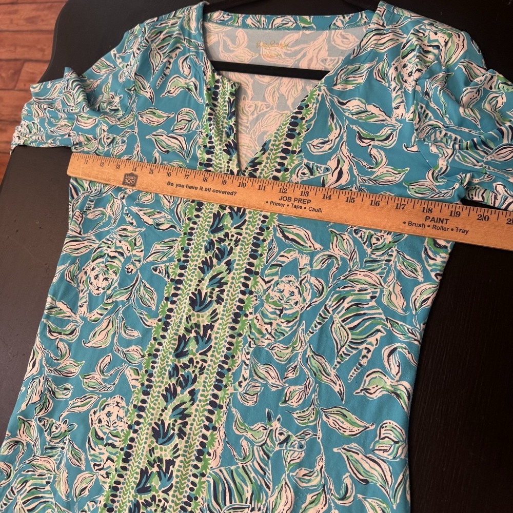 Lilly Pulitzer Nadine Shirtdress Women Sz L Blue Green Floral Animal Split Neck - Picture 6 of 7